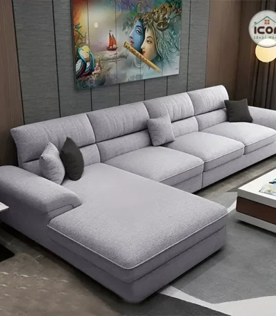 ركنة مودرن | حرف L | قماش كتان | رمادي فاتح | خشب طبيعي | إسفنج كثافة 33