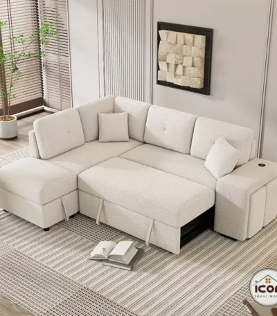 كنبة سرير مودرن 220 سم خشب زان - قماش كتان أوف وايت - إسفنج 33 سوبر سوفت