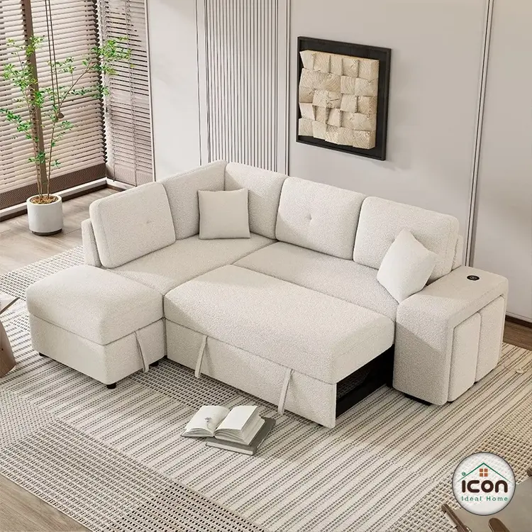 كنبة سرير مودرن 220 سم خشب زان - قماش كتان أوف وايت - إسفنج 33 سوبر سوفت