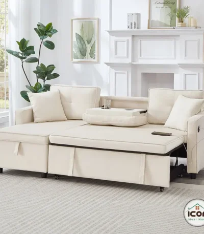 كنبة سرير مودرن 200 سم خشب زان - كتان أوف وايت - إسفنج 33 سوبر سوفت