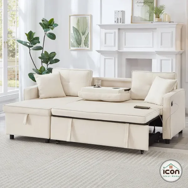 كنبة سرير مودرن 200 سم خشب زان - كتان أوف وايت - إسفنج 33 سوبر سوفت