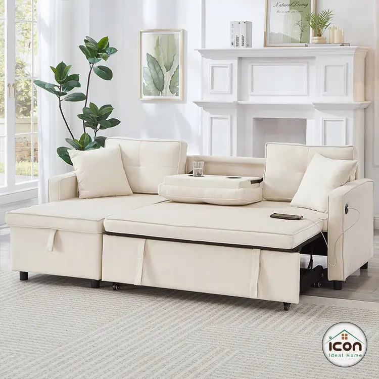 كنبة سرير مودرن 200 سم خشب زان - كتان أوف وايت - إسفنج 33 سوبر سوفت