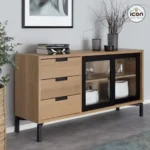 بوفيه مودرن خشب MDF بضلف زجاج شفاف وأرجل معدنية - لون بيج في أسود | 160 سم