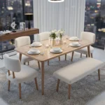 طقم غرفة طعام "مودرن شيك" 6 قطع – خشب زان رويال × MDF (بيج في أوف وايت)