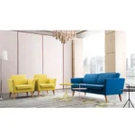 طقم أنتريه مودرن 3 قطع (كنبة و2 كرسي) خشب زان أحمر وقماش كتان - تصميم عمولة