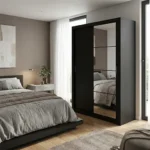 دولاب جرار مودرن 2 ضلفة أسود بمرآة مقسمة كونتر ملامين - 50x120x200 سم