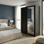 ⁦دولاب جرار مودرن 2 ضلفة أسود بمرآة مقسمة ام دي اف - 50x120x200 سم⁩ - الصورة ⁦3⁩