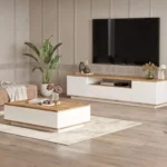 طقم وحدة تلفزيون وترابيزة قهوة خشب الاتحاد الاوروبي وام دي اف - أبيض وبيج