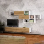 وحدة تلفزيون حائط أرفف و أدراج 2 قطعة | ام دي اف ملامين| أبيض و بني | 135×32×25سم